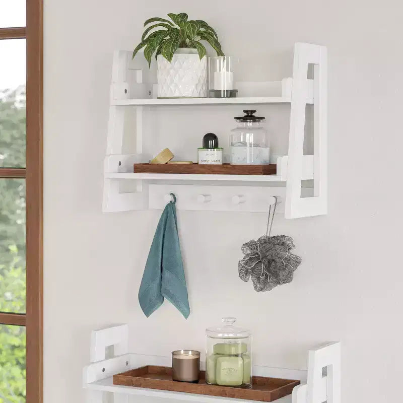 RiverRidge Amery 2-Tier Ladder Shelf with Hooks and Open Shelves for Bathroom/Entryway and Living Room White