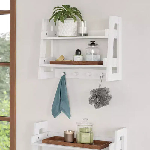 RiverRidge Amery 2-Tier Ladder Shelf with Hooks and Open Shelves for Bathroom/Entryway and Living Room White