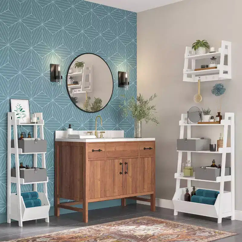 RiverRidge Amery 2-Tier Ladder Shelf with Hooks and Open Shelves for Bathroom/Entryway and Living Room White