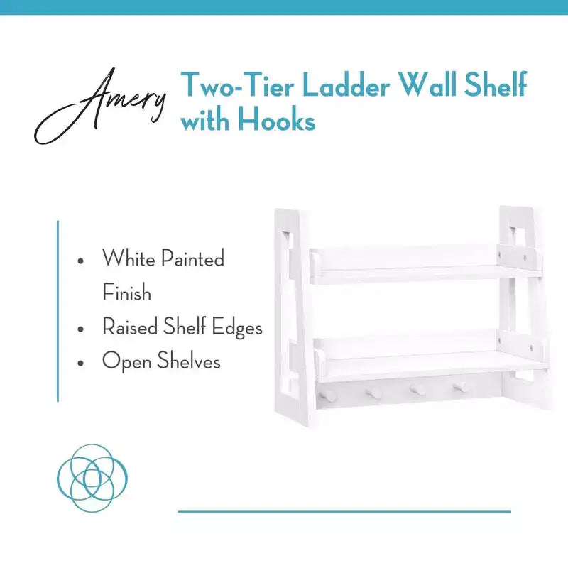 RiverRidge Amery 2-Tier Ladder Shelf with Hooks and Open Shelves for Bathroom/Entryway and Living Room White