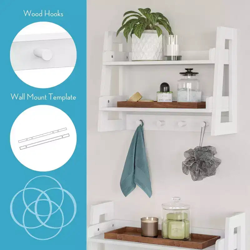 RiverRidge Amery 2-Tier Ladder Shelf with Hooks and Open Shelves for Bathroom/Entryway and Living Room White