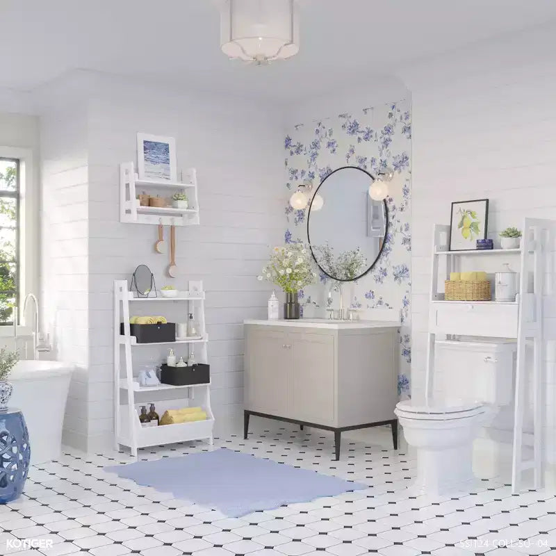 RiverRidge Amery 2-Tier Ladder Shelf with Hooks and Open Shelves for Bathroom/Entryway and Living Room White