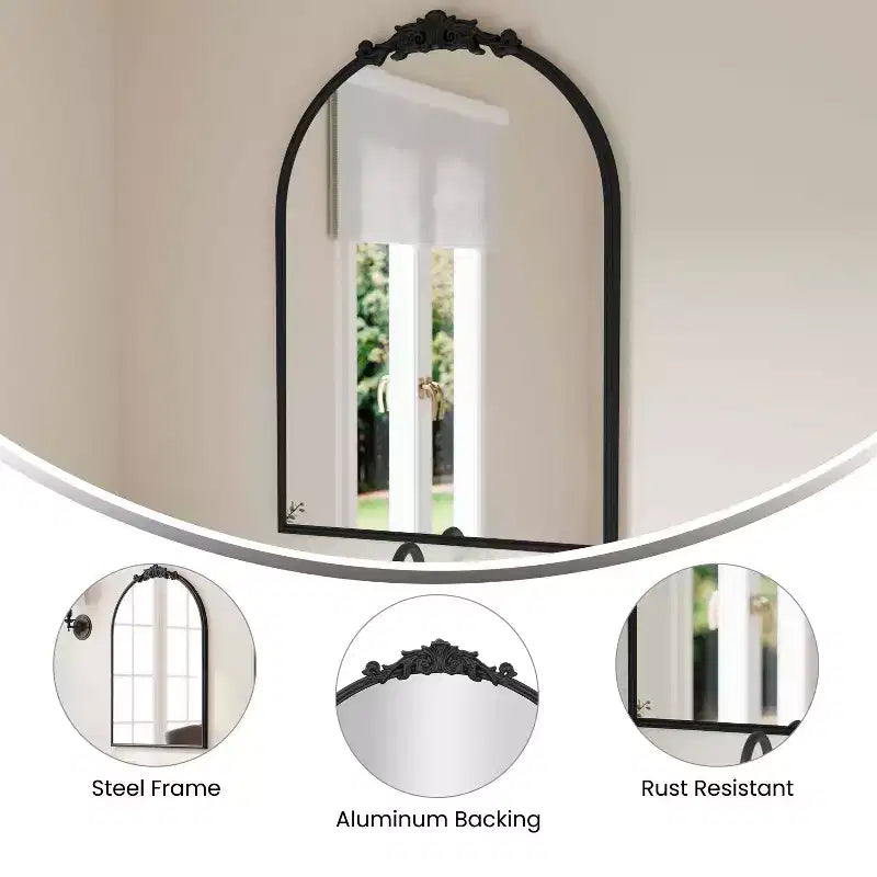 Emma and Oliver Arched Wall Mirror with Baroque Style Detail, and Aluminum Backed Glass for Clarity for Entryways, Bathrooms & More
