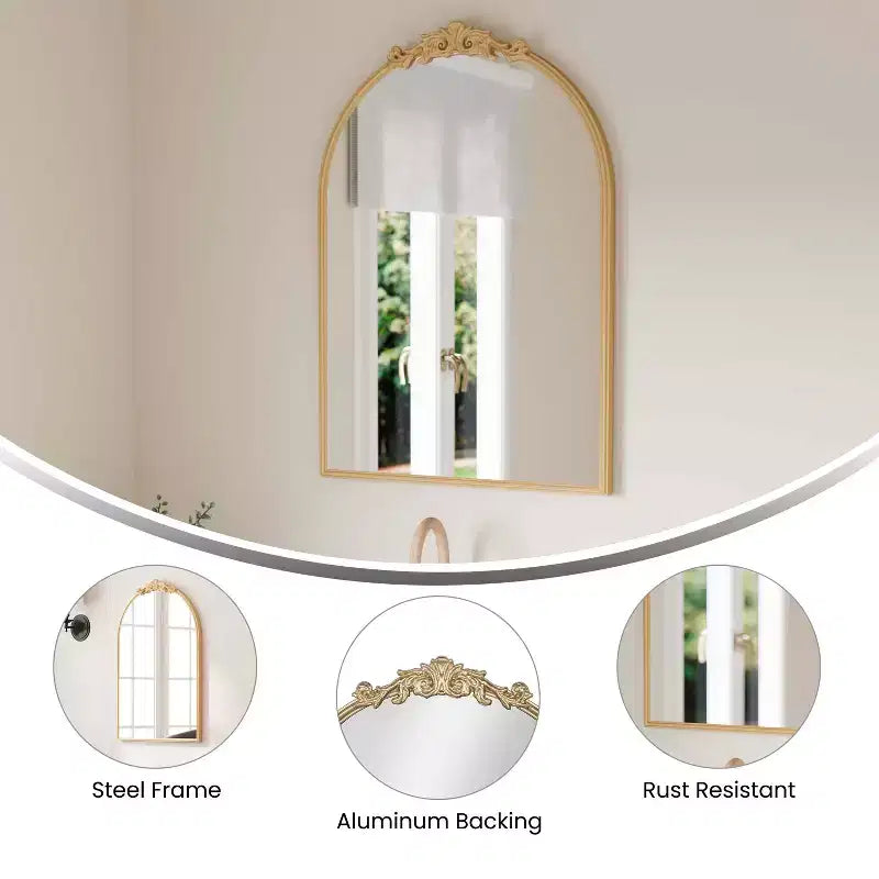 Emma and Oliver Arched Wall Mirror with Baroque Style Detail, and Aluminum Backed Glass for Clarity for Entryways, Bathrooms & More