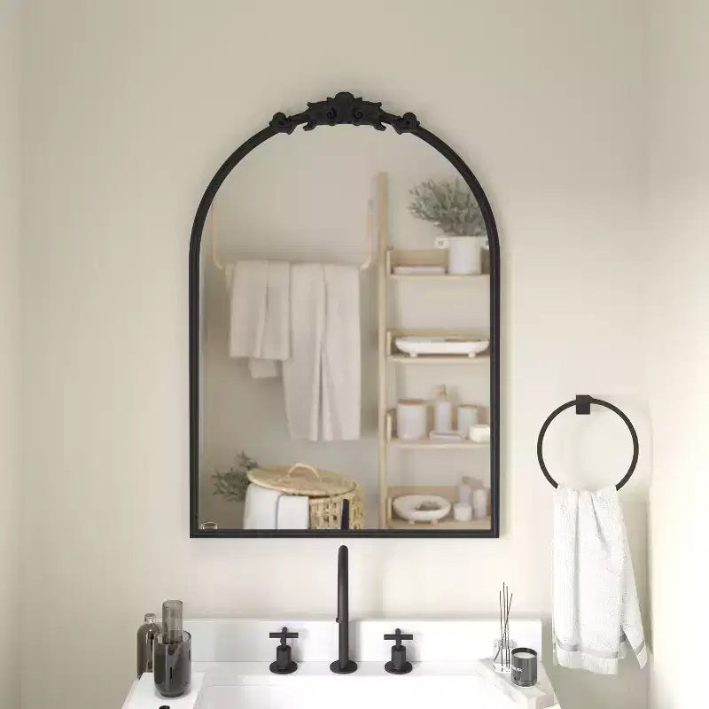 Emma and Oliver Arched Wall Mirror with Baroque Style Detail, and Aluminum Backed Glass for Clarity for Entryways, Bathrooms & More