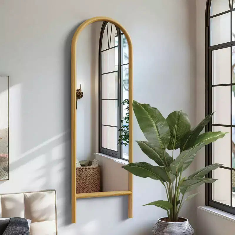 PexFix 21 in. W x 64 in. H Ladder-Style Arched Solid Wood Framed Mirror in Brown