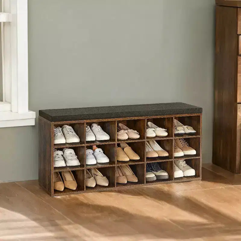 Shoe Rack Bench with Cushion, 41.3''W Entryway 15 Compartments Storage Bench