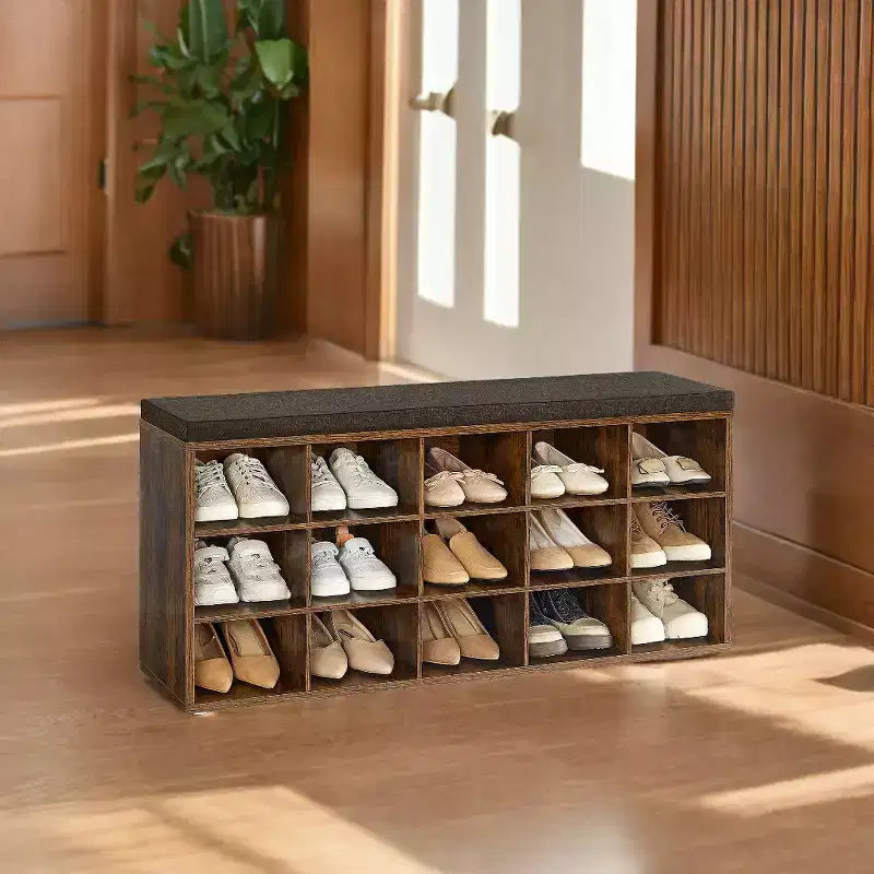 Shoe Rack Bench with Cushion, 41.3''W Entryway 15 Compartments Storage Bench