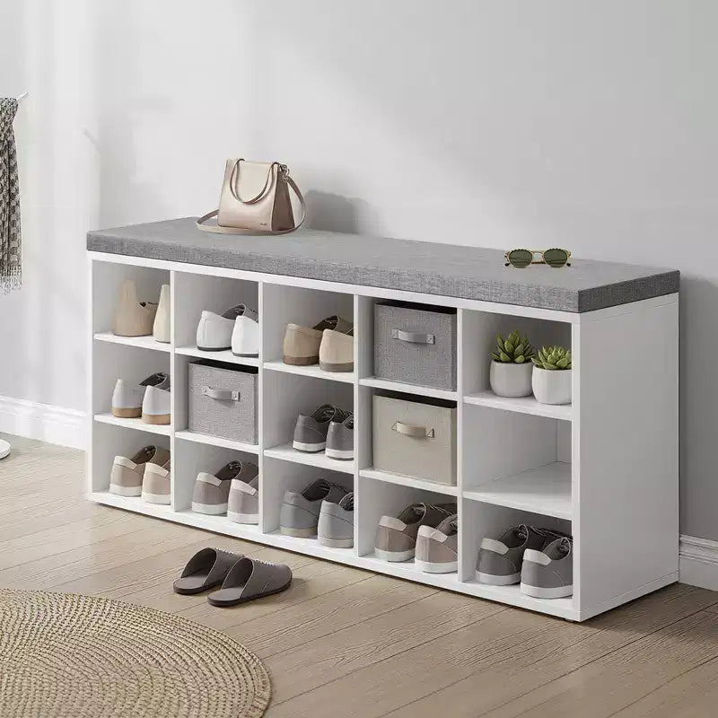Shoe Rack Bench with Cushion, 41.3''W Entryway 15 Compartments Storage Bench