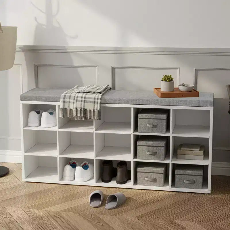 Shoe Rack Bench with Cushion, 41.3''W Entryway 15 Compartments Storage Bench