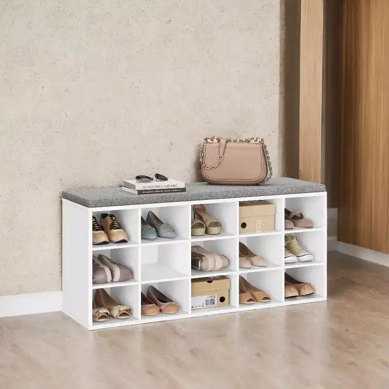 Shoe Rack Bench with Cushion, 41.3''W Entryway 15 Compartments Storage Bench