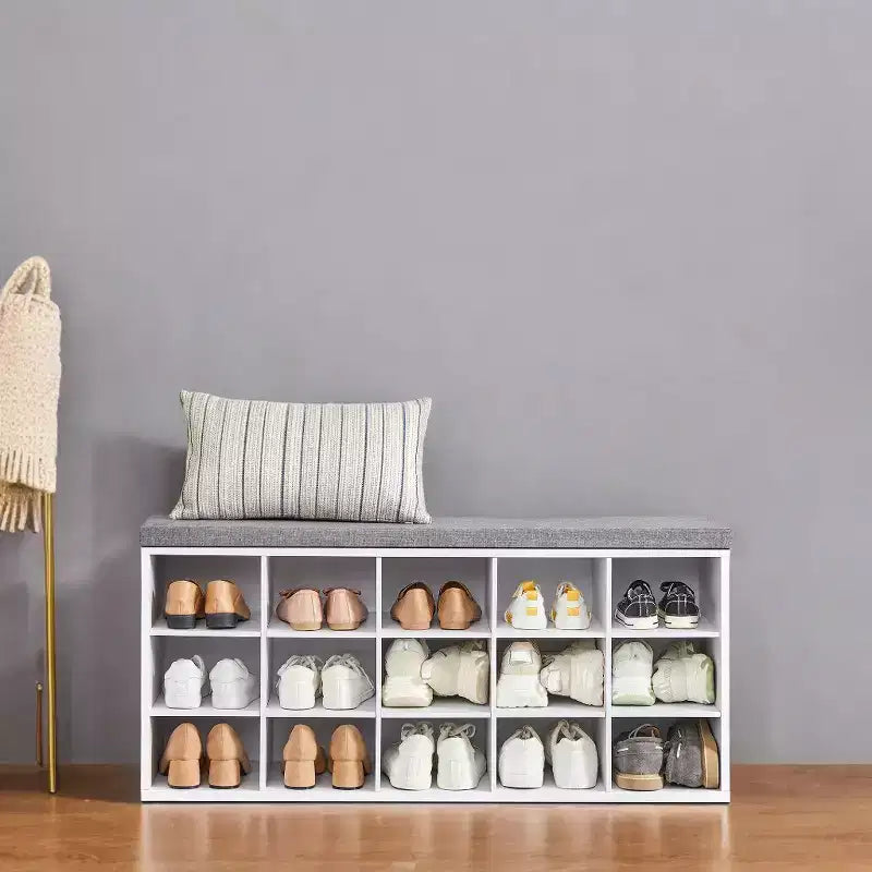 Shoe Rack Bench with Cushion, 41.3''W Entryway 15 Compartments Storage Bench