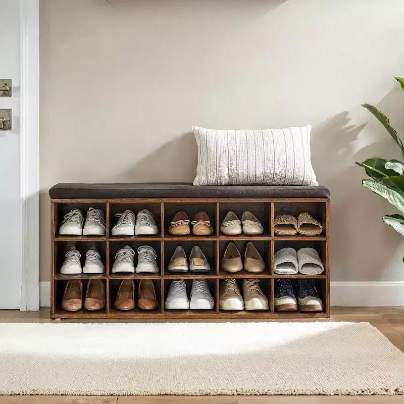 Shoe Rack Bench with Cushion, 41.3''W Entryway 15 Compartments Storage Bench