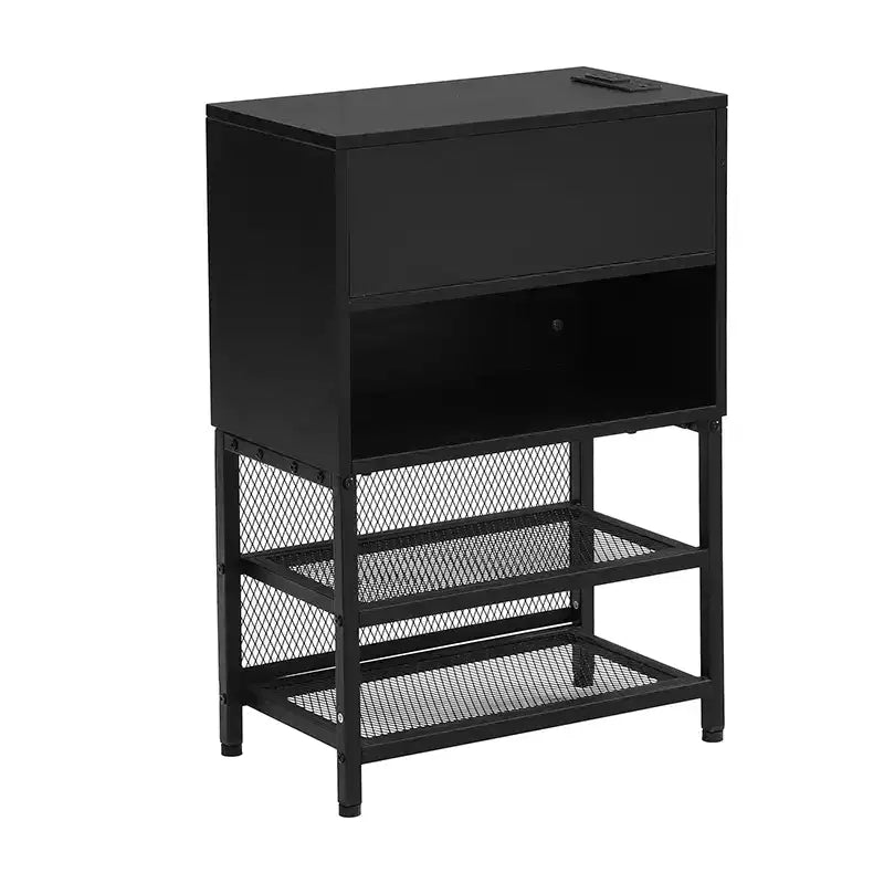 Full/Twin Size Metal Platform Bed Frame with Two-Tier Storage Shelves, Charging Station, Storage Cabinet -ModernLuxe