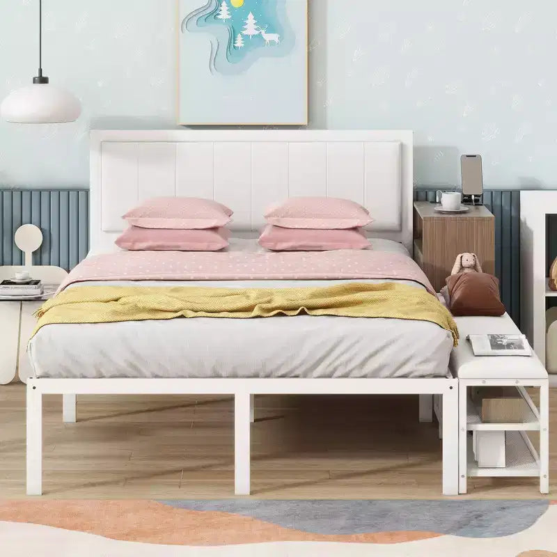 Full/Twin Size Metal Platform Bed Frame with Two-Tier Storage Shelves, Charging Station, Storage Cabinet -ModernLuxe