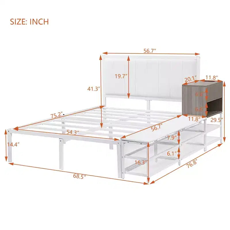 Full/Twin Size Metal Platform Bed Frame with Two-Tier Storage Shelves, Charging Station, Storage Cabinet -ModernLuxe