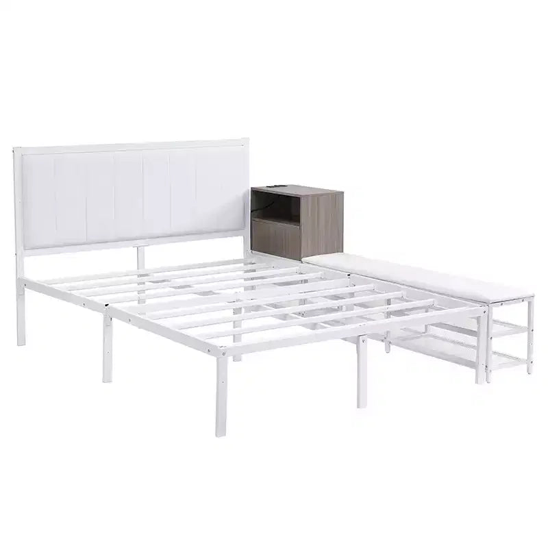 Full/Twin Size Metal Platform Bed Frame with Two-Tier Storage Shelves, Charging Station, Storage Cabinet -ModernLuxe
