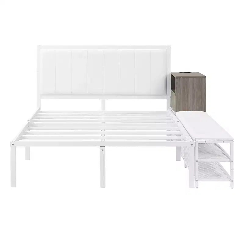 Full/Twin Size Metal Platform Bed Frame with Two-Tier Storage Shelves, Charging Station, Storage Cabinet -ModernLuxe