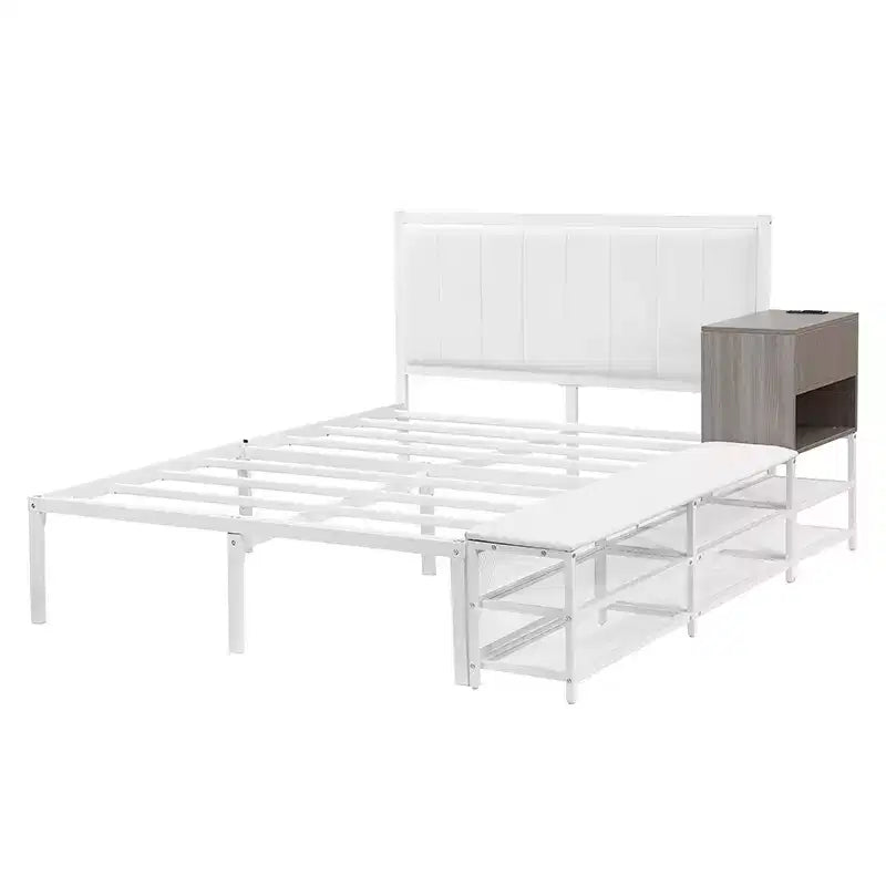 Full/Twin Size Metal Platform Bed Frame with Two-Tier Storage Shelves, Charging Station, Storage Cabinet -ModernLuxe