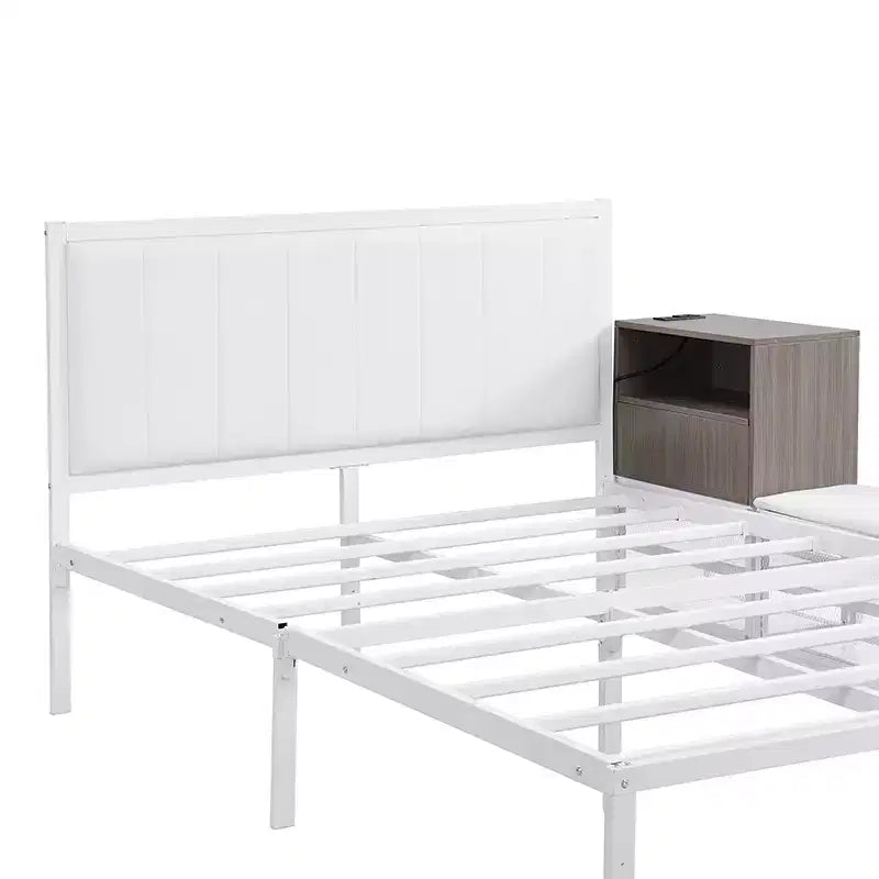 Full/Twin Size Metal Platform Bed Frame with Two-Tier Storage Shelves, Charging Station, Storage Cabinet -ModernLuxe