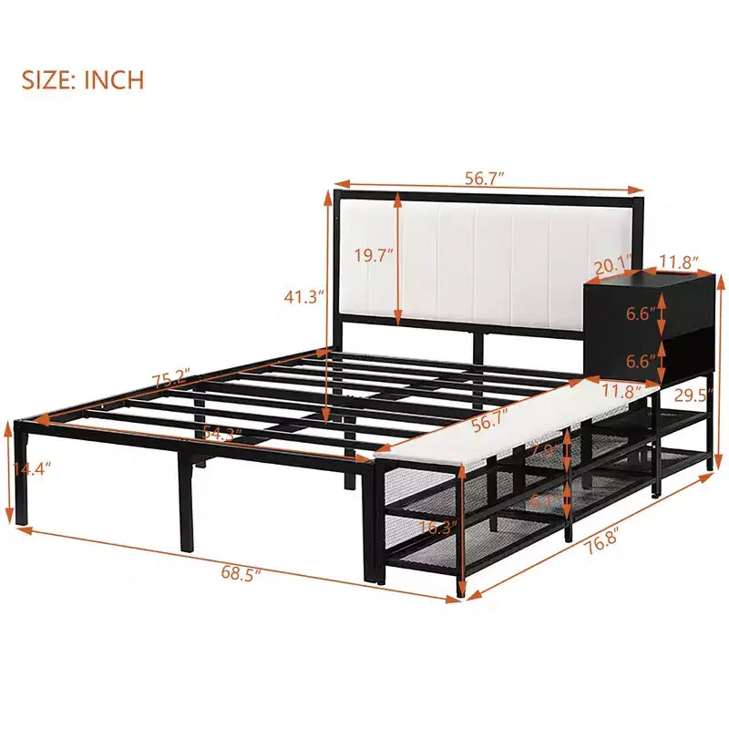 Full/Twin Size Metal Platform Bed Frame with Two-Tier Storage Shelves, Charging Station, Storage Cabinet -ModernLuxe