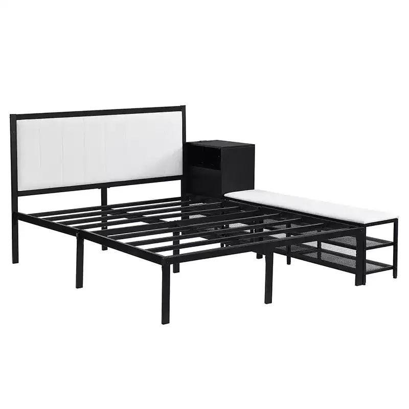 Full/Twin Size Metal Platform Bed Frame with Two-Tier Storage Shelves, Charging Station, Storage Cabinet -ModernLuxe
