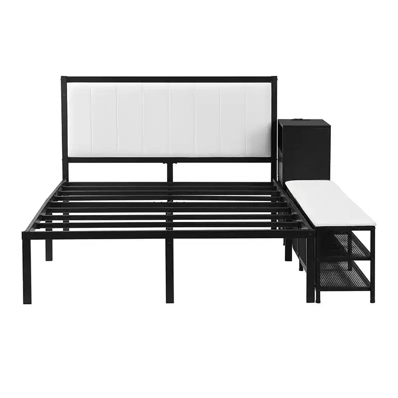 Full/Twin Size Metal Platform Bed Frame with Two-Tier Storage Shelves, Charging Station, Storage Cabinet -ModernLuxe