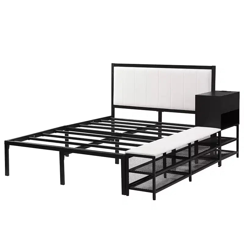 Full/Twin Size Metal Platform Bed Frame with Two-Tier Storage Shelves, Charging Station, Storage Cabinet -ModernLuxe