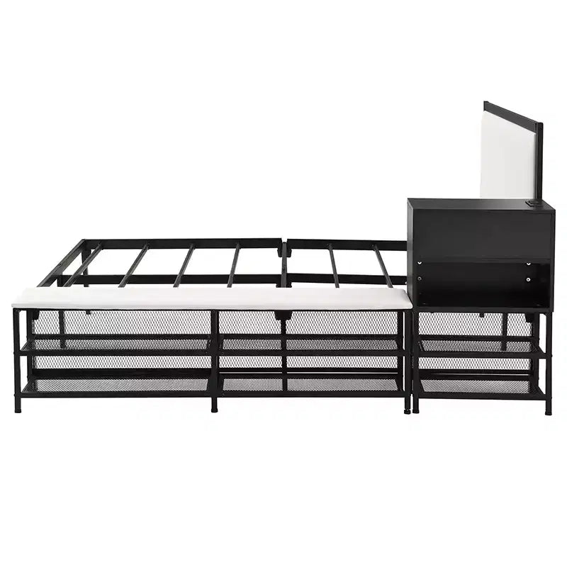 Full/Twin Size Metal Platform Bed Frame with Two-Tier Storage Shelves, Charging Station, Storage Cabinet -ModernLuxe