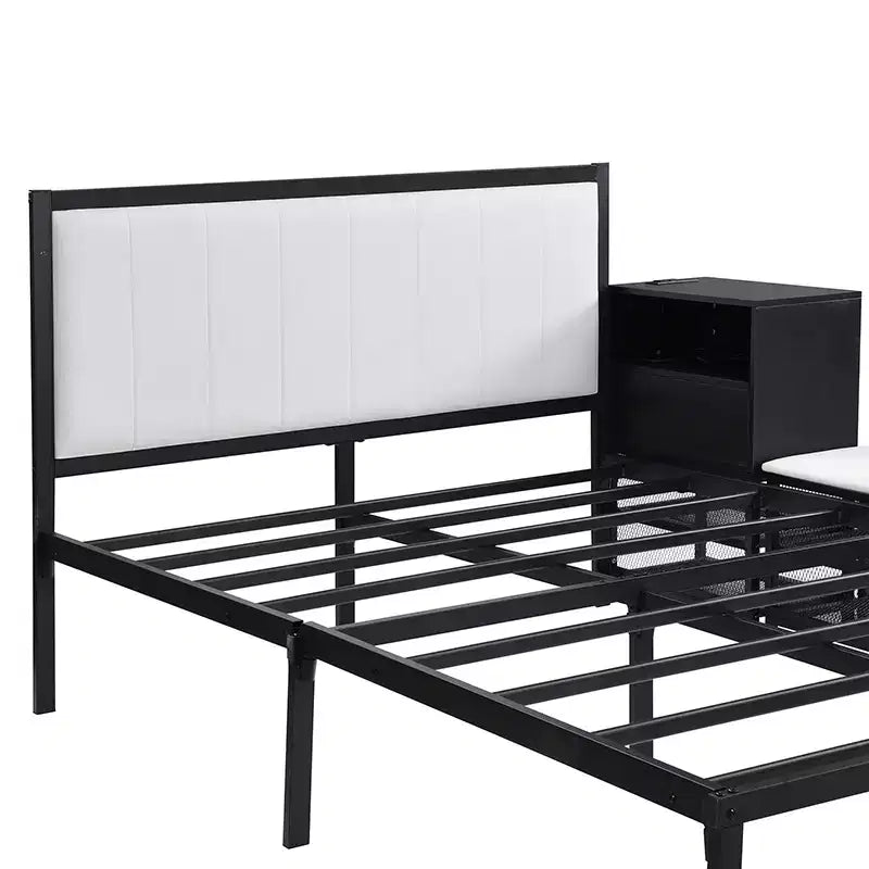 Full/Twin Size Metal Platform Bed Frame with Two-Tier Storage Shelves, Charging Station, Storage Cabinet -ModernLuxe