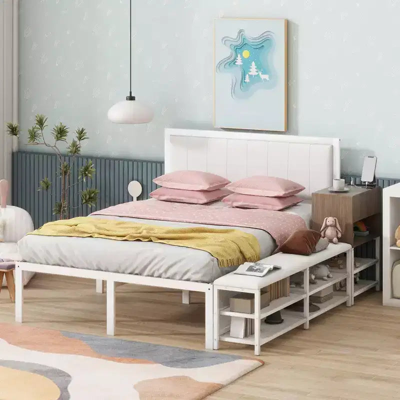 Full/Twin Size Metal Platform Bed Frame with Two-Tier Storage Shelves, Charging Station, Storage Cabinet -ModernLuxe