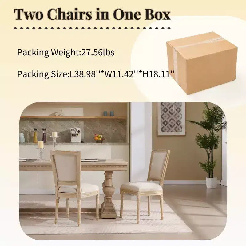 French Country Dining Chairs Set of 2, Upholstered T-Back, Wire Drawing Carving, Disassemblable, Beige