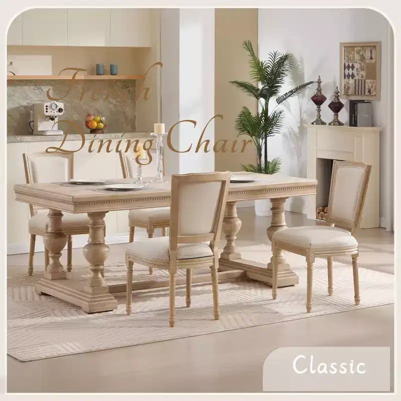 French Country Dining Chairs Set of 2, Upholstered T-Back, Wire Drawing Carving, Disassemblable, Beige