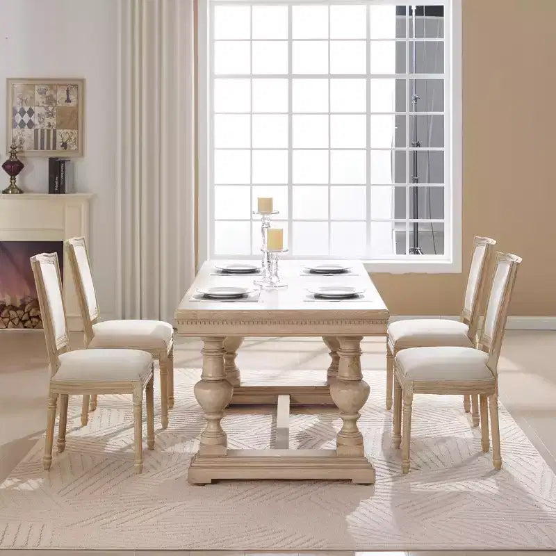 French Country Dining Chairs Set of 2, Upholstered T-Back, Wire Drawing Carving, Disassemblable, Beige