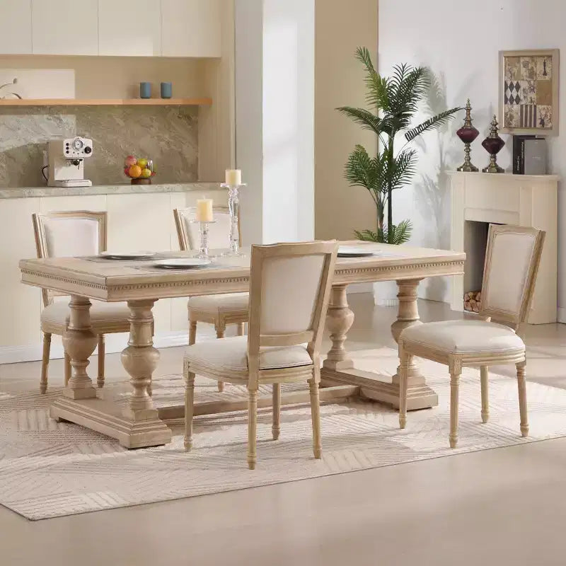 French Country Dining Chairs Set of 2, Upholstered T-Back, Wire Drawing Carving, Disassemblable, Beige