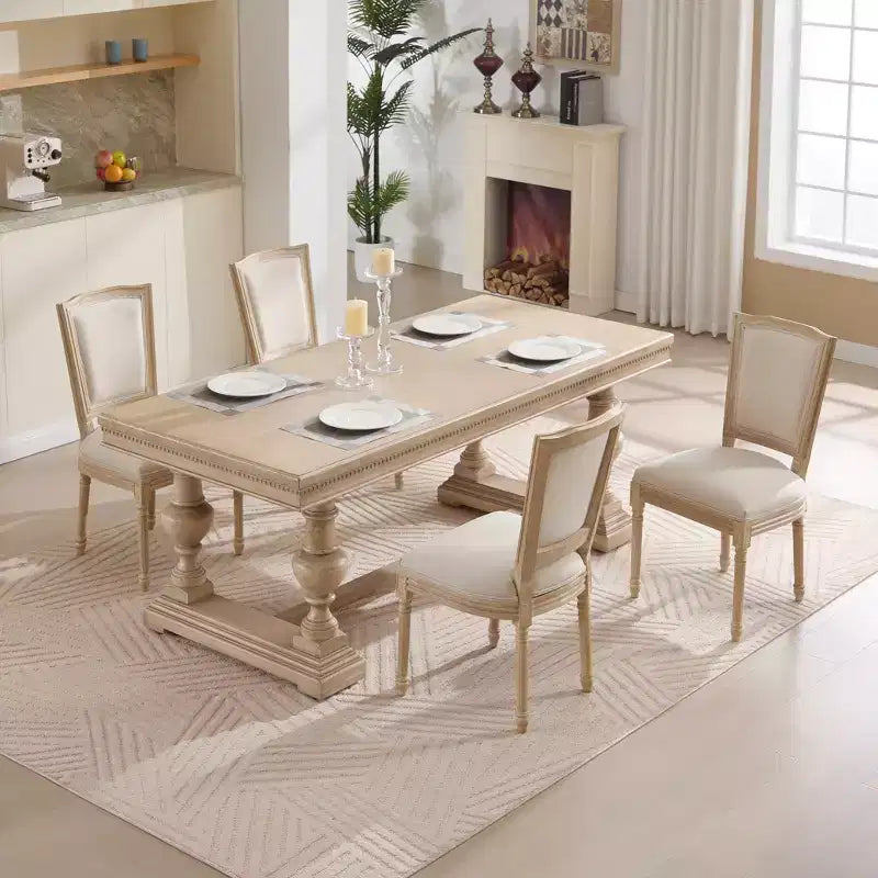 French Country Dining Chairs Set of 2, Upholstered T-Back, Wire Drawing Carving, Disassemblable, Beige