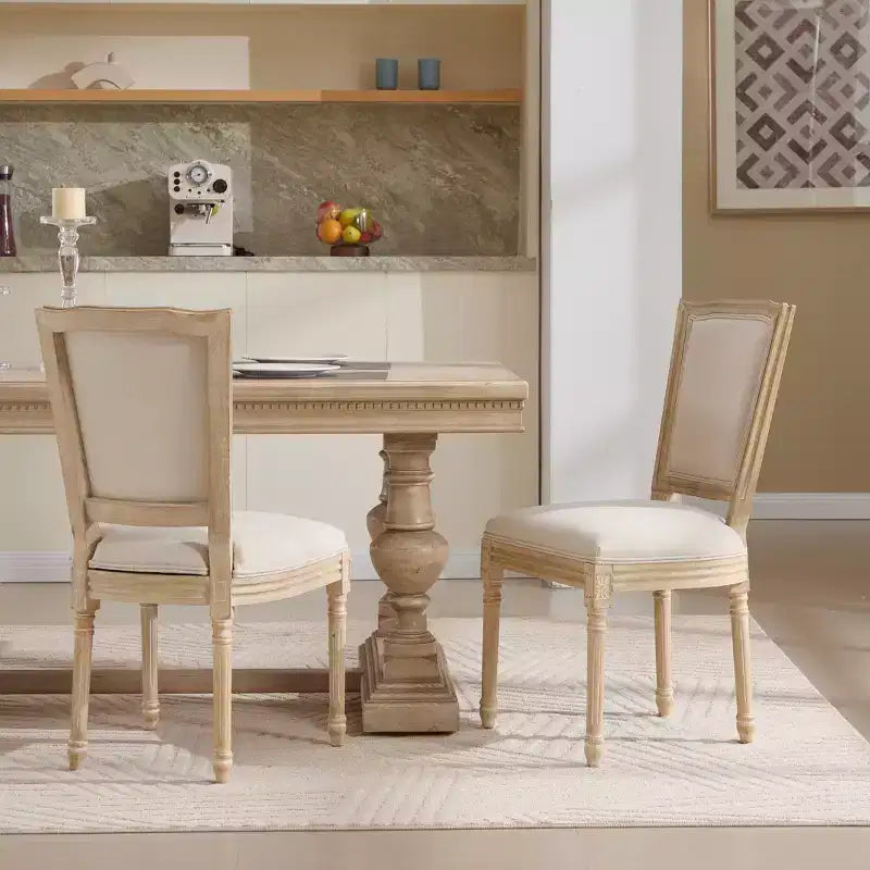 French Country Dining Chairs Set of 2, Upholstered T-Back, Wire Drawing Carving, Disassemblable, Beige