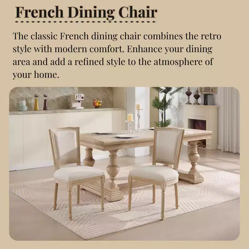 French Country Dining Chairs Set of 2, Upholstered T-Back, Wire Drawing Carving, Disassemblable, Beige