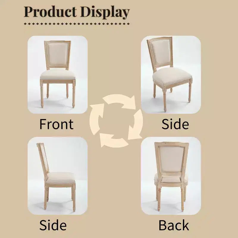 French Country Dining Chairs Set of 2, Upholstered T-Back, Wire Drawing Carving, Disassemblable, Beige