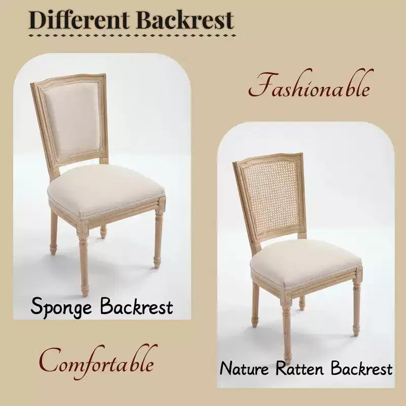 French Country Dining Chairs Set of 2, Upholstered T-Back, Wire Drawing Carving, Disassemblable, Beige
