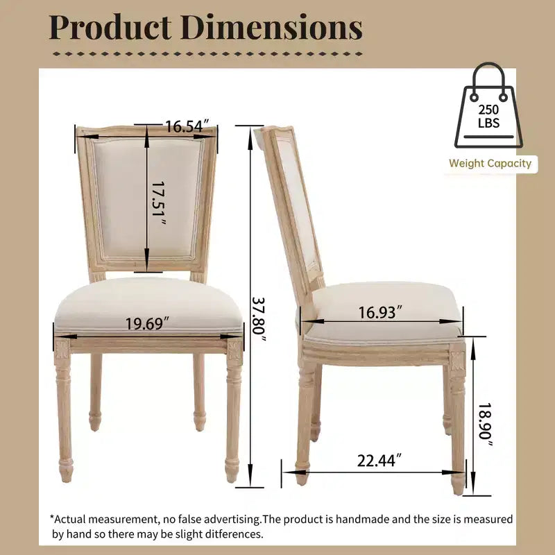 French Country Dining Chairs Set of 2, Upholstered T-Back, Wire Drawing Carving, Disassemblable, Beige