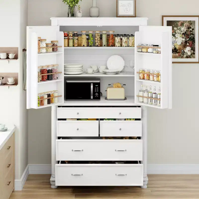 GDFStudio Elea Freestanding Tall Kitchen Pantry Cabinet with 5 Drawers, 6 Door Shelves and 2 Adjustable Shelves