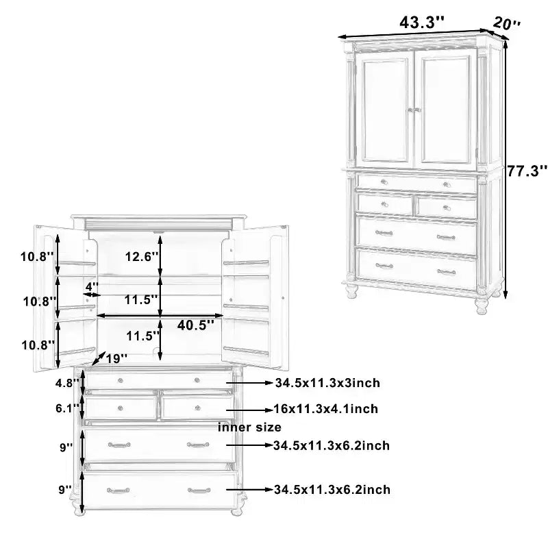 GDFStudio Elea Freestanding Tall Kitchen Pantry Cabinet with 5 Drawers, 6 Door Shelves and 2 Adjustable Shelves