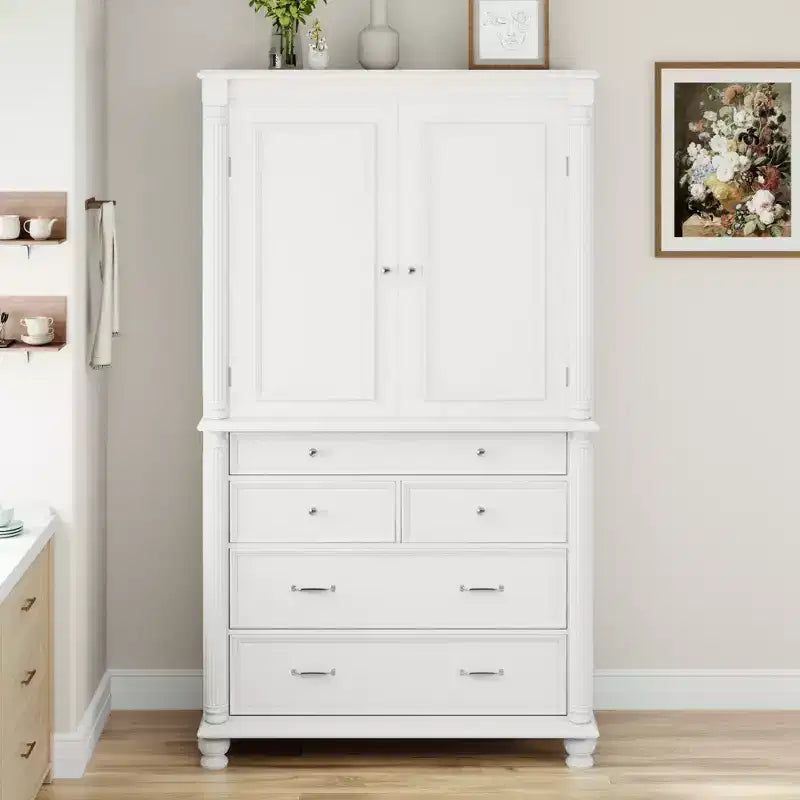 GDFStudio Elea Freestanding Tall Kitchen Pantry Cabinet with 5 Drawers, 6 Door Shelves and 2 Adjustable Shelves