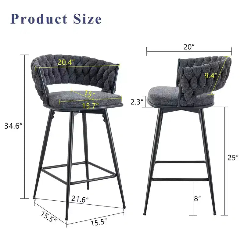Okak Modern Set of 2 Breathable Linen Padded Bar Stools with Footrest & Sturdy Metal Frame,Counter Height Swivel Chairs