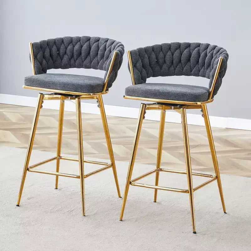 Okak Modern Set of 2 Breathable Linen Padded Bar Stools with Footrest & Sturdy Metal Frame,Counter Height Swivel Chairs