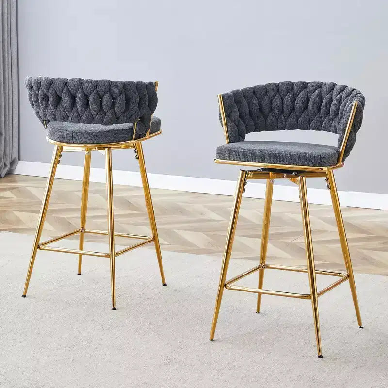 Okak Modern Set of 2 Breathable Linen Padded Bar Stools with Footrest & Sturdy Metal Frame,Counter Height Swivel Chairs