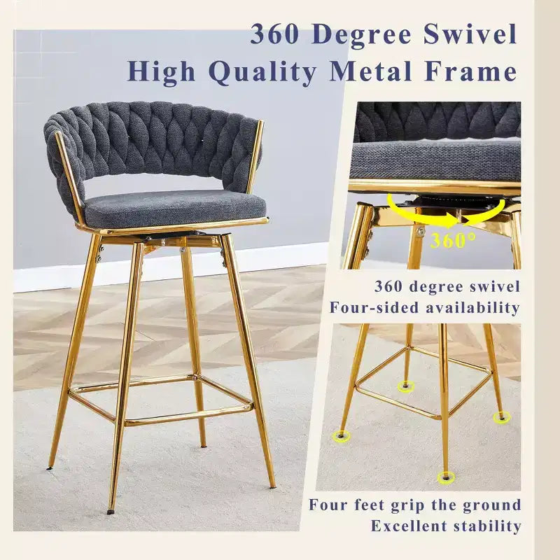 Okak Modern Set of 2 Breathable Linen Padded Bar Stools with Footrest & Sturdy Metal Frame,Counter Height Swivel Chairs