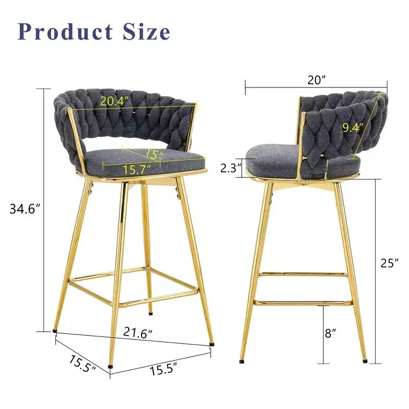 Okak Modern Set of 2 Breathable Linen Padded Bar Stools with Footrest & Sturdy Metal Frame,Counter Height Swivel Chairs