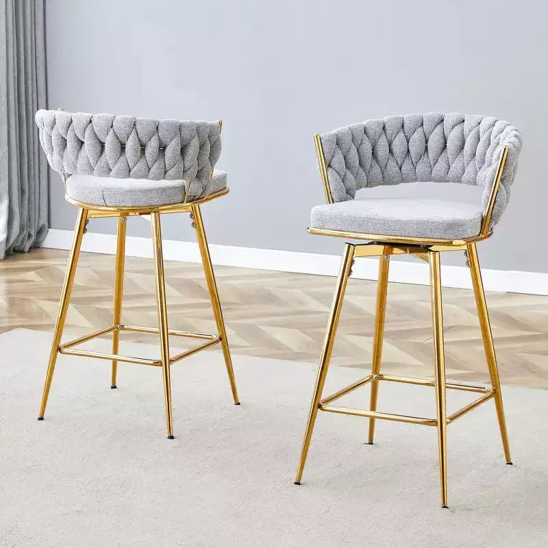 Okak Modern Set of 2 Breathable Linen Padded Bar Stools with Footrest & Sturdy Metal Frame,Counter Height Swivel Chairs